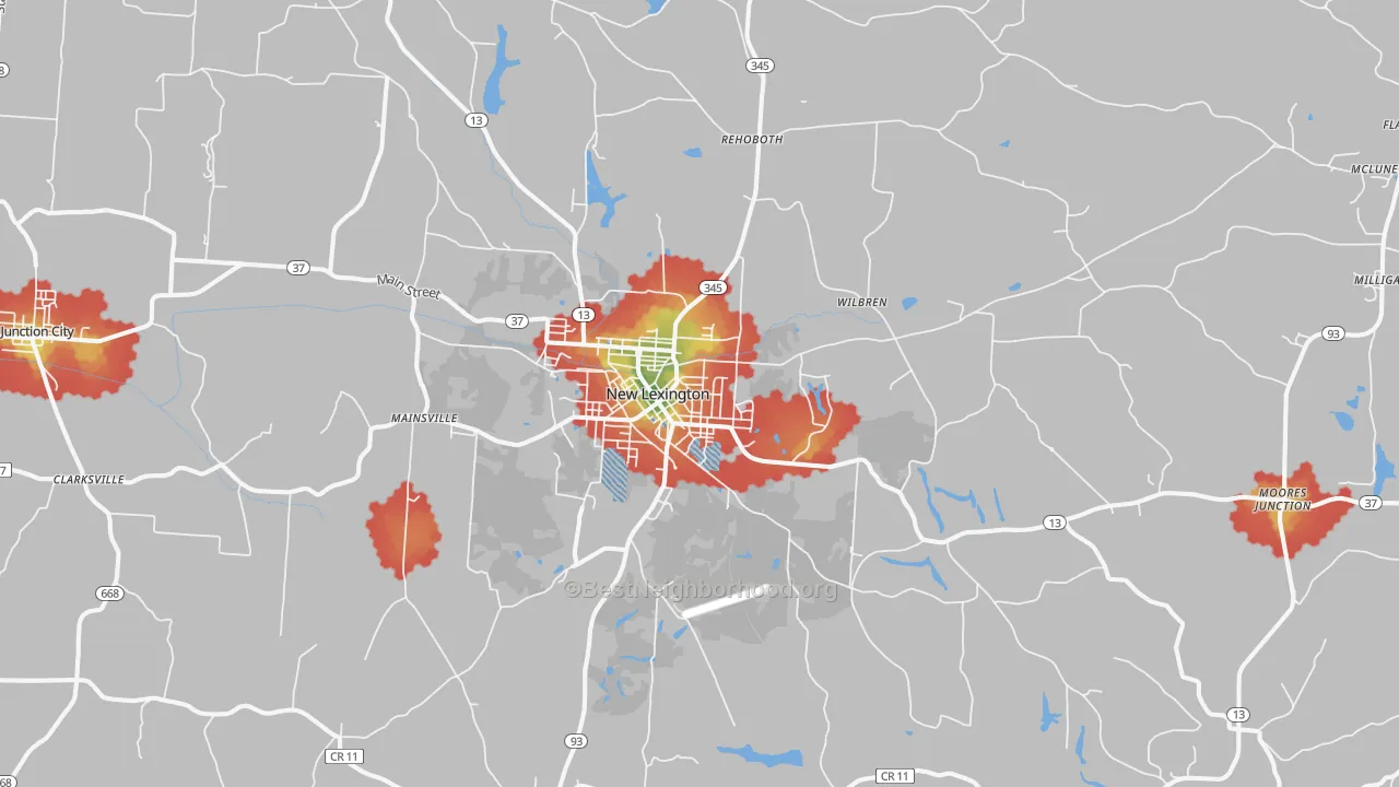 Walk Grade map of 43764, OH, walkable areas in green and car-dependent areas in red