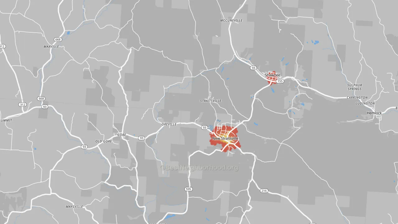 Walk Grade map of 43766, OH, walkable areas in green and car-dependent areas in red