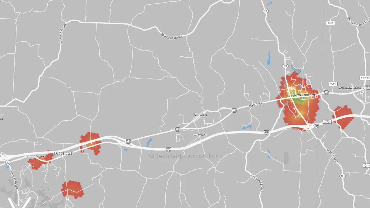 Walk Grade map of 43767, OH, walkable areas in green and car-dependent areas in red