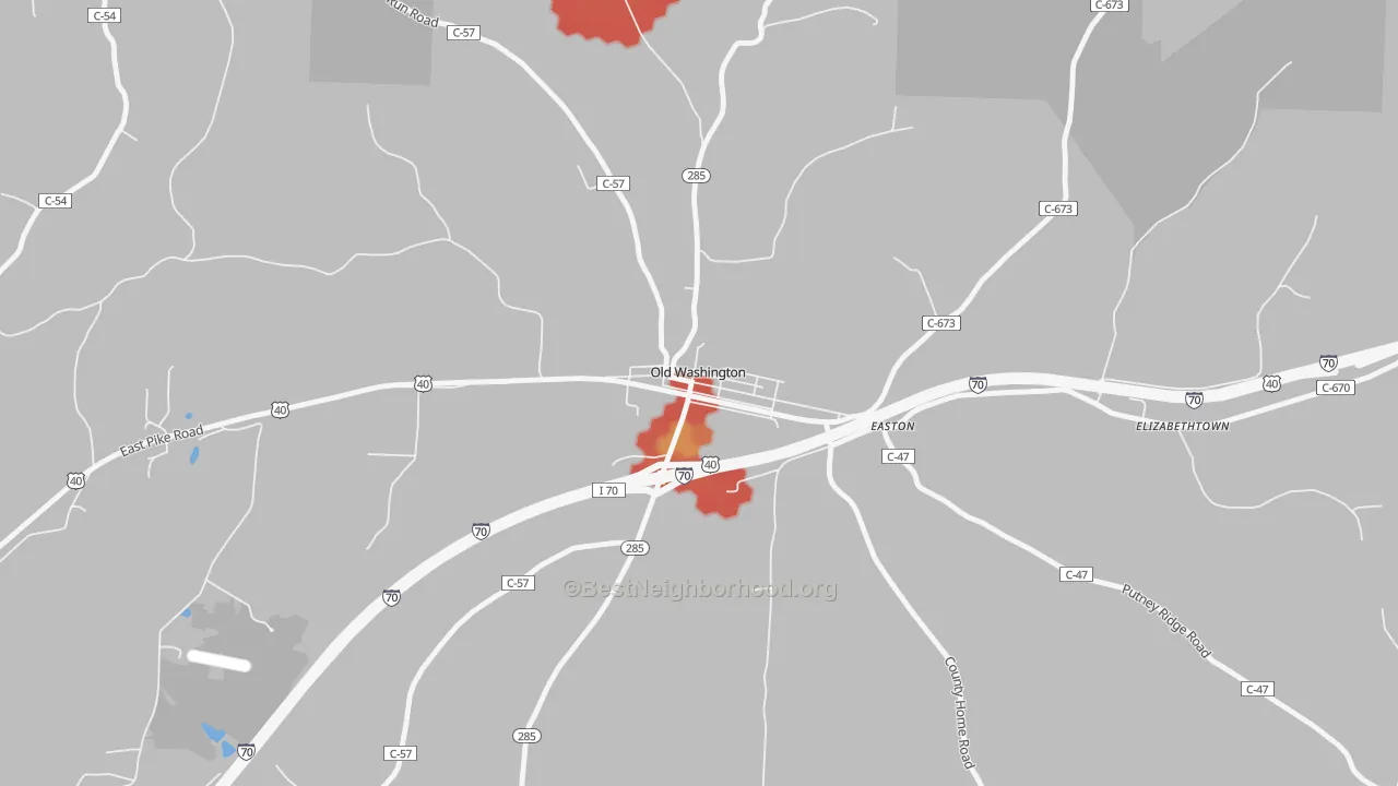 Walk Grade map of 43768, OH, walkable areas in green and car-dependent areas in red