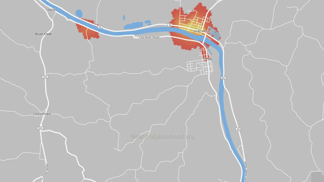 Walk Grade map of 43771, OH, walkable areas in green and car-dependent areas in red