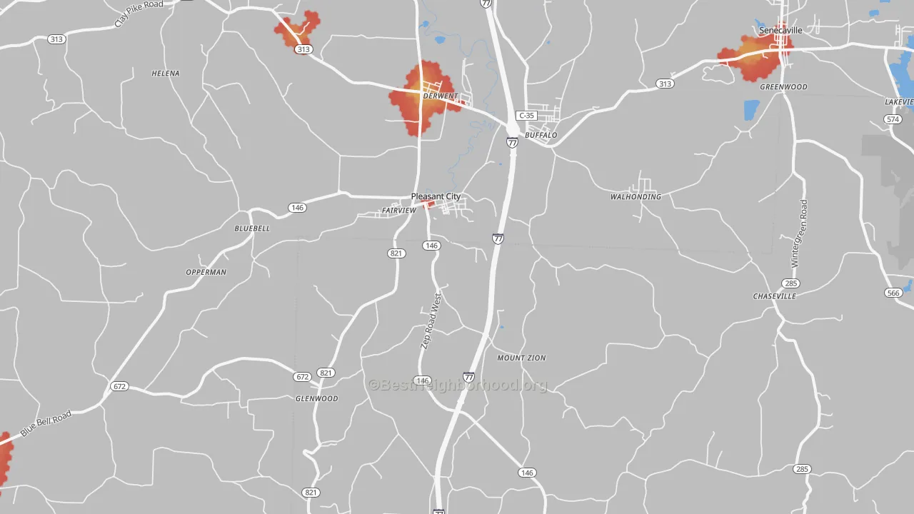 Walk Grade map of 43772, OH, walkable areas in green and car-dependent areas in red