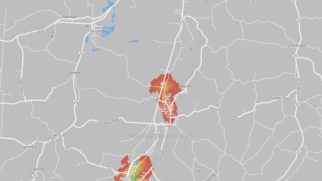 Walk Grade map of 43777, OH, walkable areas in green and car-dependent areas in red
