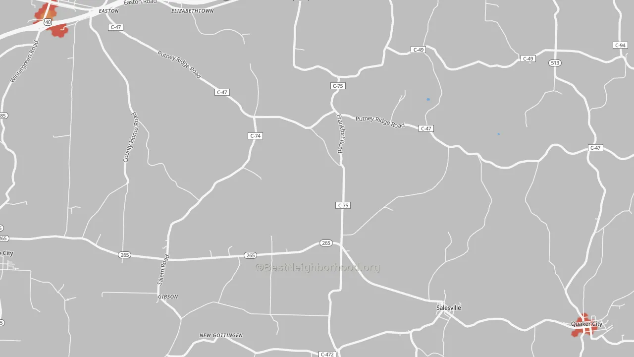 Walk Grade map of 43778, OH, walkable areas in green and car-dependent areas in red