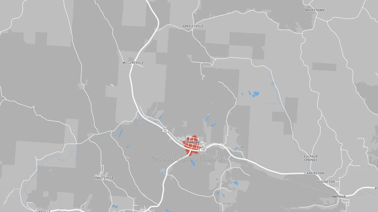 Walk Grade map of 43782, OH, walkable areas in green and car-dependent areas in red