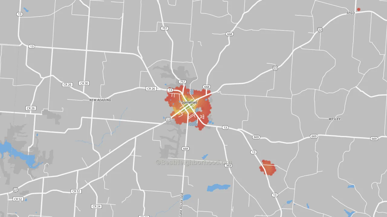 Walk Grade map of 43783, OH, walkable areas in green and car-dependent areas in red