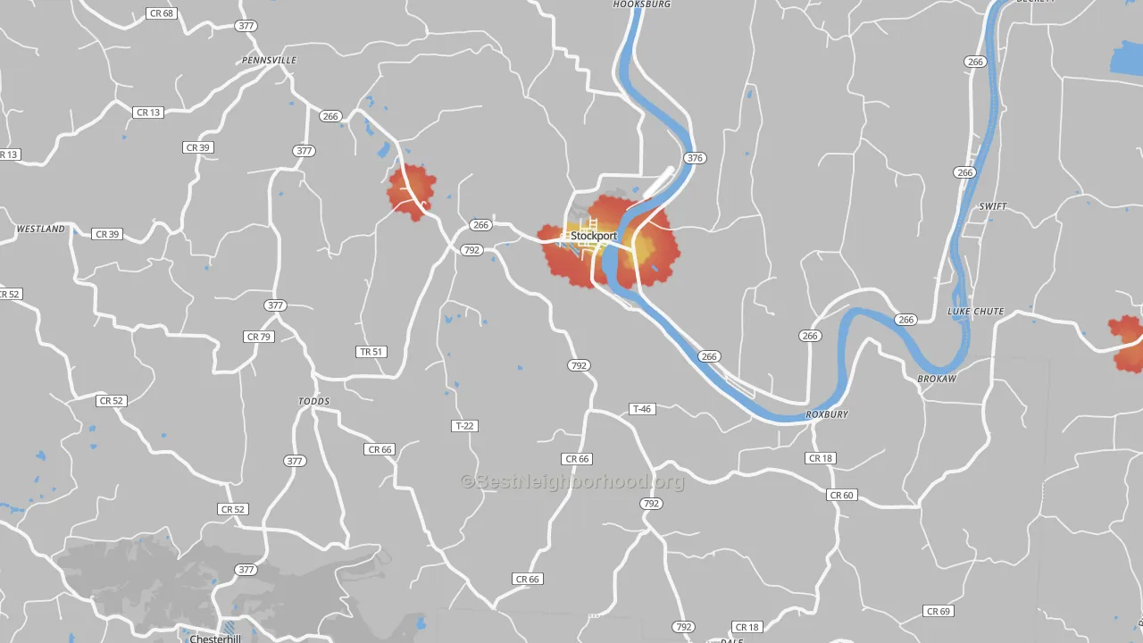 Walk Grade map of 43787, OH, walkable areas in green and car-dependent areas in red