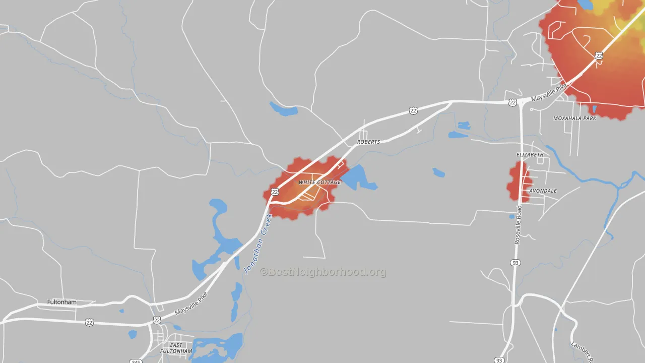 Walk Grade map of 43791, OH, walkable areas in green and car-dependent areas in red