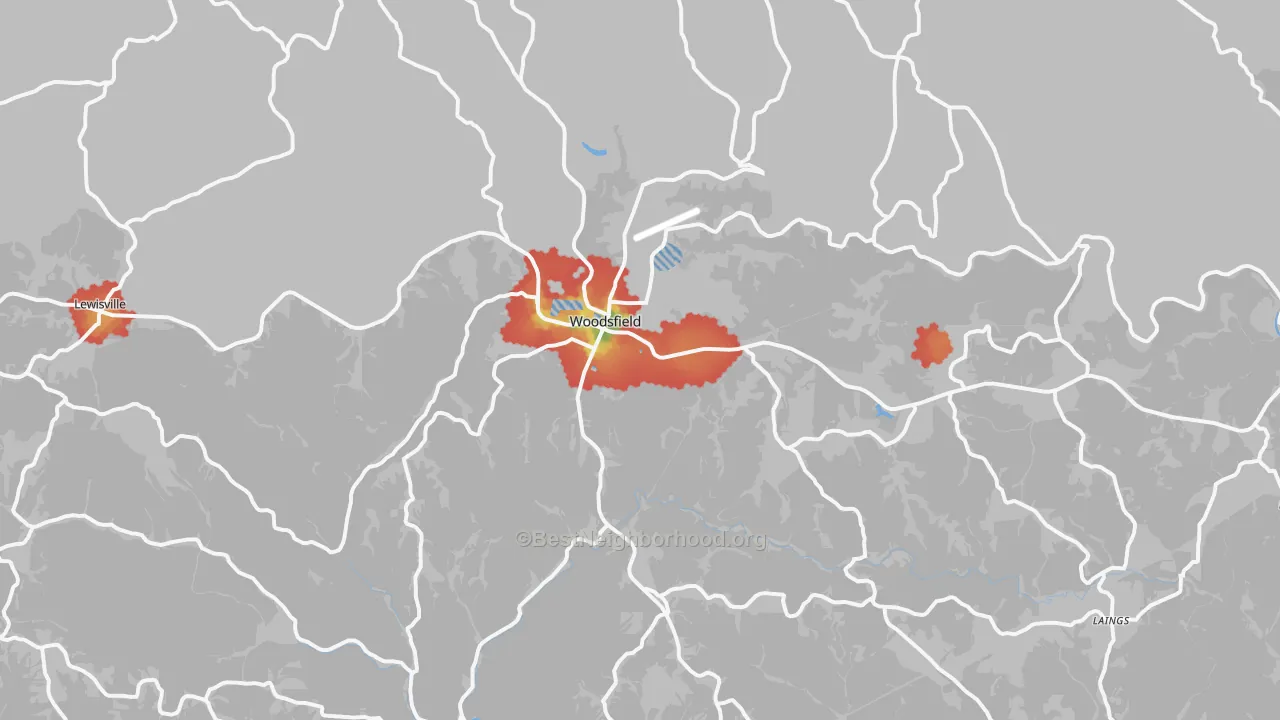 Walk Grade map of 43793, OH, walkable areas in green and car-dependent areas in red