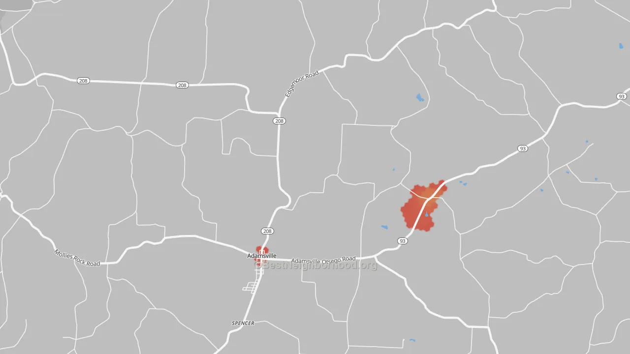 Walk Grade map of 43802, OH, walkable areas in green and car-dependent areas in red