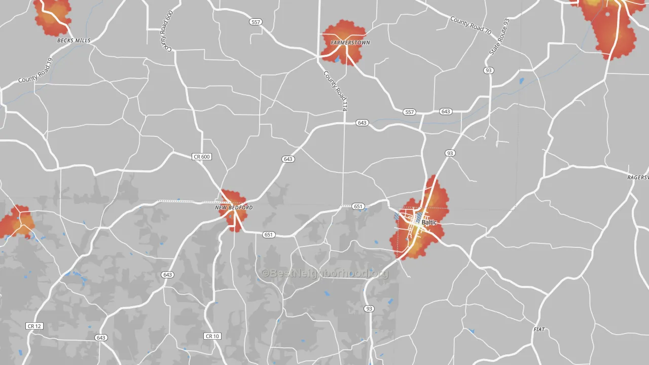 Walk Grade map of 43804, OH, walkable areas in green and car-dependent areas in red