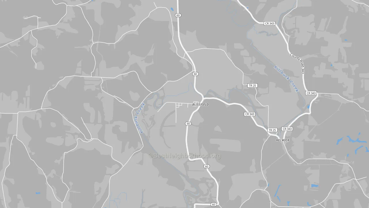 Walk Grade map of 43805, OH, walkable areas in green and car-dependent areas in red