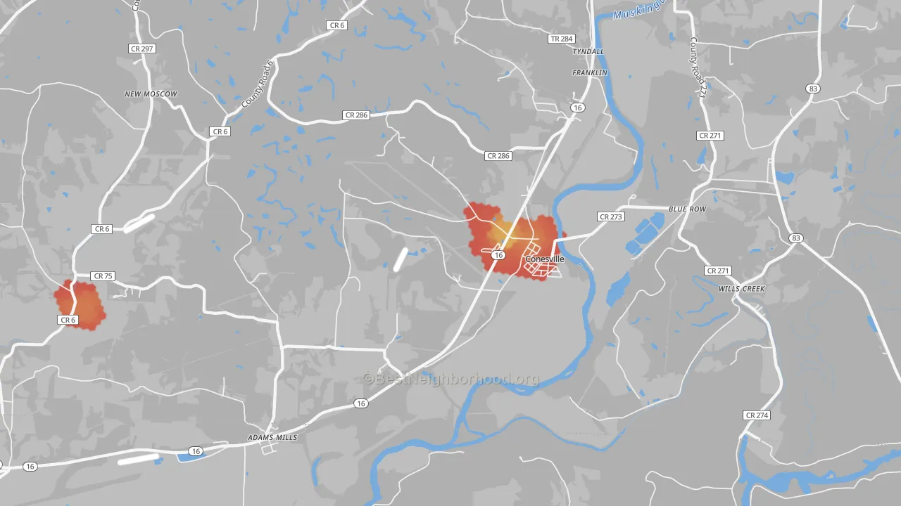 Walk Grade map of 43811, OH, walkable areas in green and car-dependent areas in red