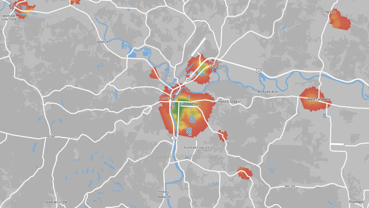 Walk Grade map of 43812, OH, walkable areas in green and car-dependent areas in red