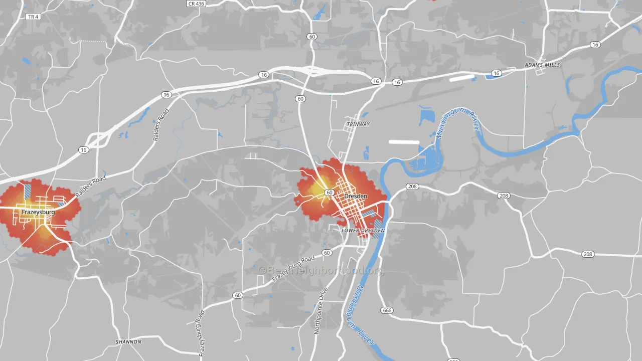Walk Grade map of 43821, OH, walkable areas in green and car-dependent areas in red