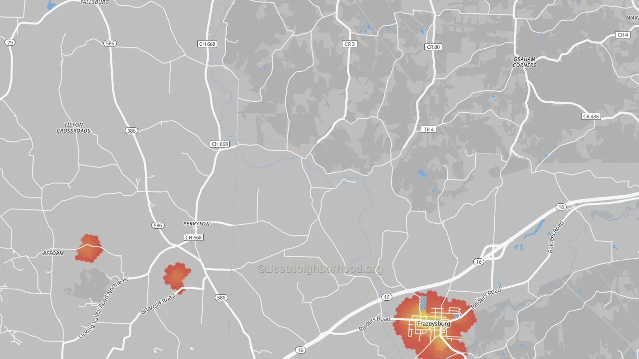Walk Grade map of 43822, OH, walkable areas in green and car-dependent areas in red