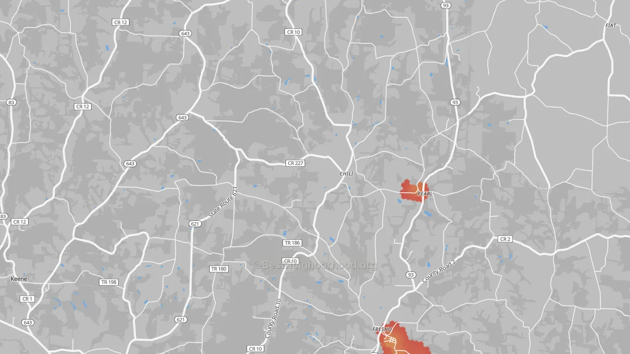 Walk Grade map of 43824, OH, walkable areas in green and car-dependent areas in red