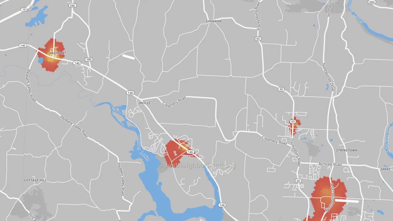 Walk Grade map of 43830, OH, walkable areas in green and car-dependent areas in red