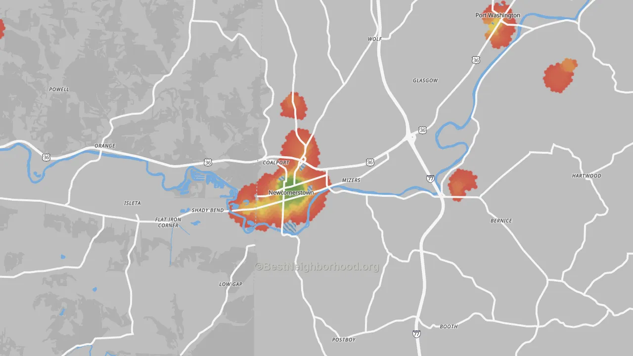 Walk Grade map of 43832, OH, walkable areas in green and car-dependent areas in red