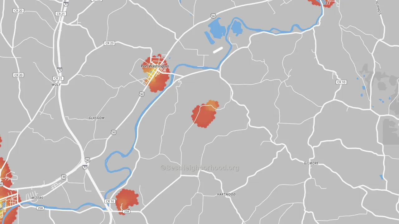 Walk Grade map of 43837, OH, walkable areas in green and car-dependent areas in red