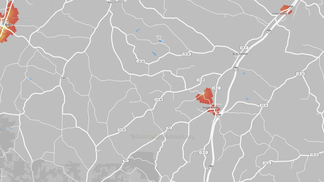 Walk Grade map of 43840, OH, walkable areas in green and car-dependent areas in red