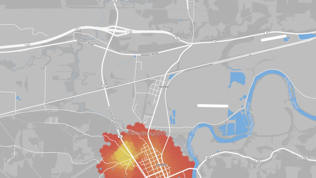 Walk Grade map of 43842, OH, walkable areas in green and car-dependent areas in red