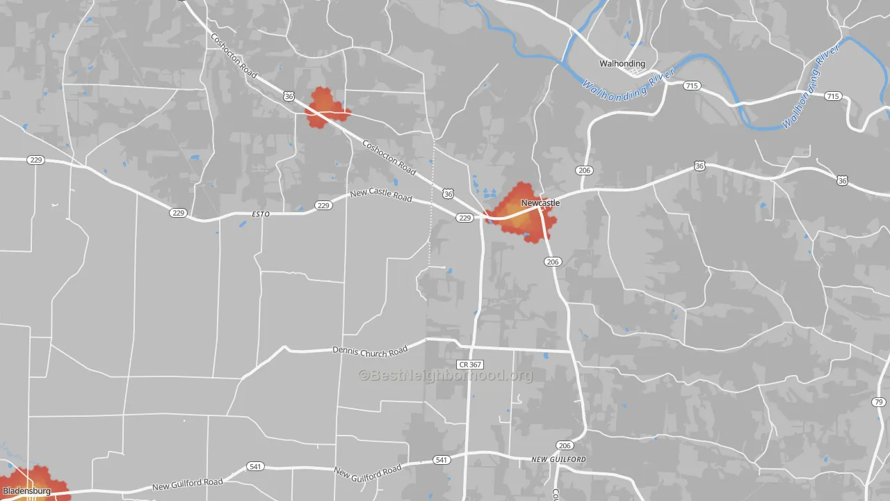 Walk Grade map of 43843, OH, walkable areas in green and car-dependent areas in red