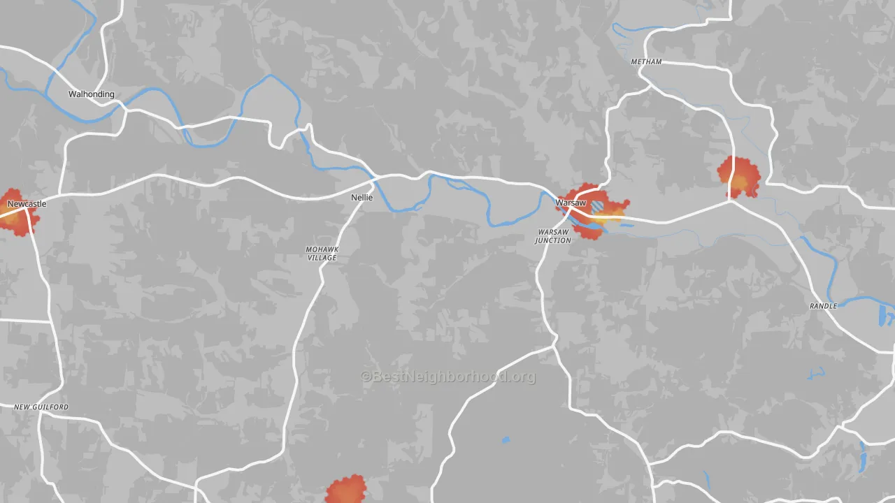 Walk Grade map of 43844, OH, walkable areas in green and car-dependent areas in red