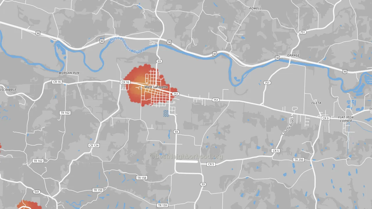 Walk Grade map of 43845, OH, walkable areas in green and car-dependent areas in red
