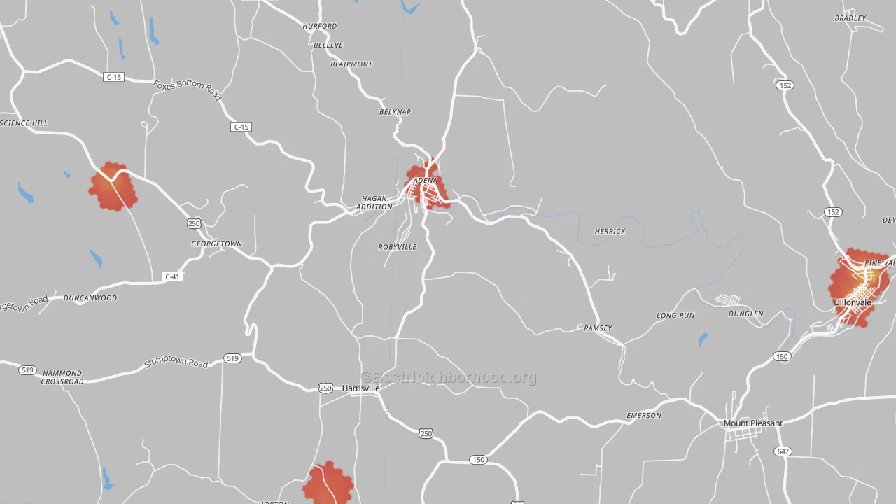 Walk Grade map of 43901, OH, walkable areas in green and car-dependent areas in red