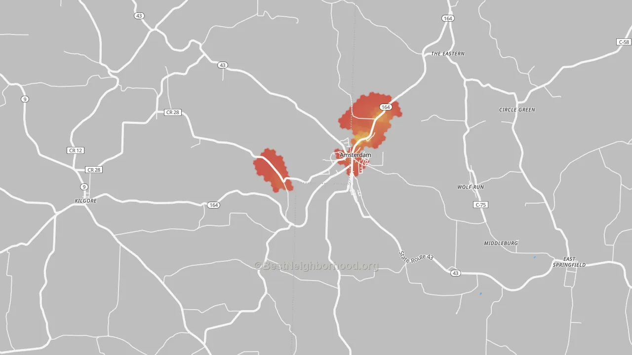 Walk Grade map of 43903, OH, walkable areas in green and car-dependent areas in red