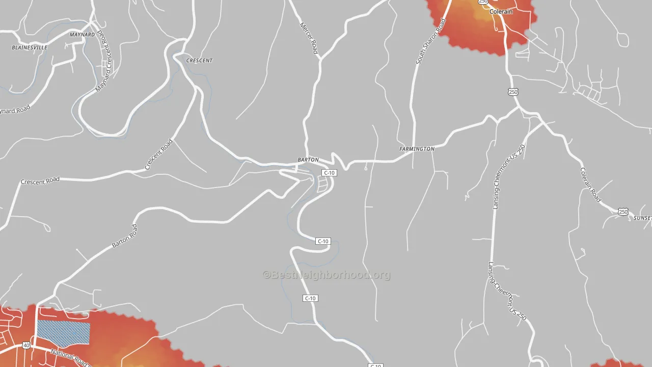 Walk Grade map of 43905, OH, walkable areas in green and car-dependent areas in red