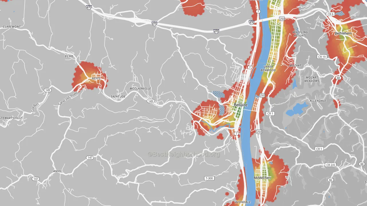 Walk Grade map of 43906, OH, walkable areas in green and car-dependent areas in red