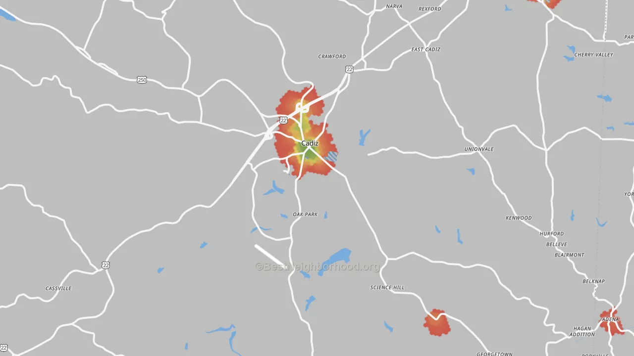 Walk Grade map of 43907, OH, walkable areas in green and car-dependent areas in red