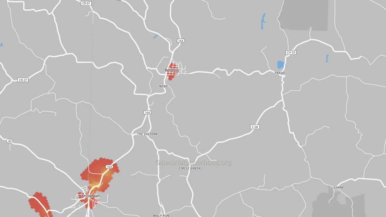 Walk Grade map of 43908, OH, walkable areas in green and car-dependent areas in red
