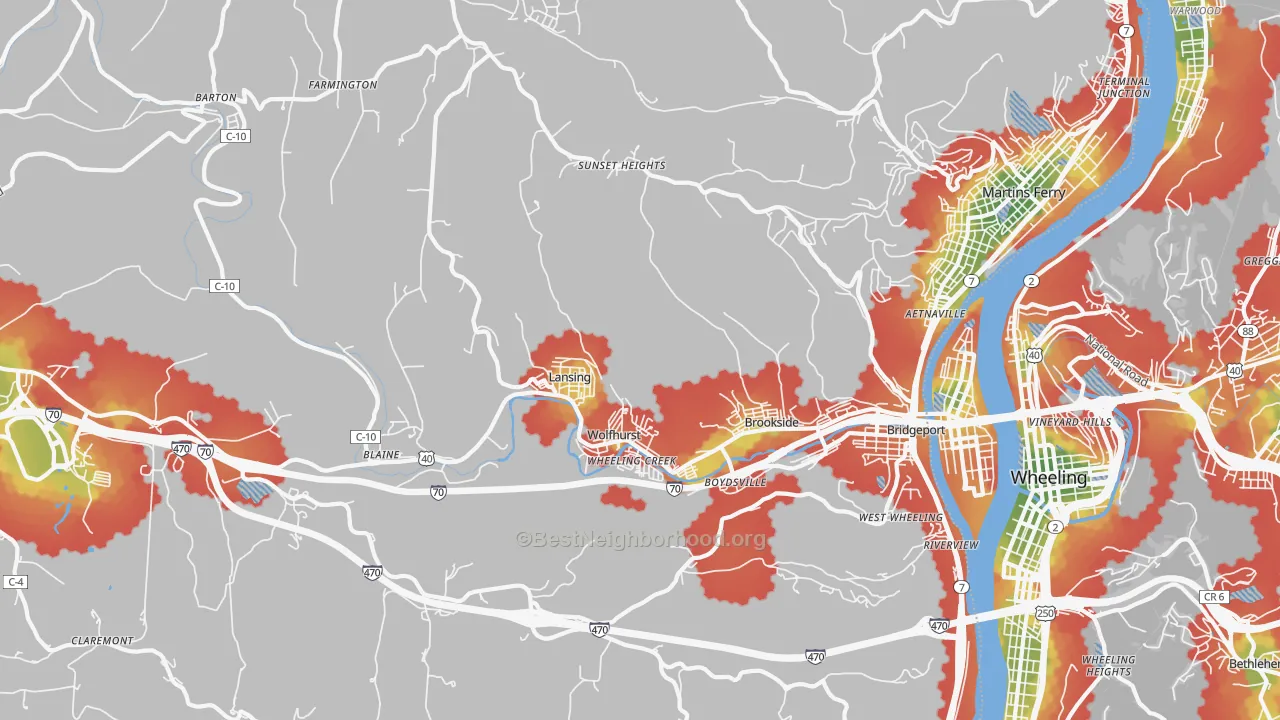 Walk Grade map of 43912, OH, walkable areas in green and car-dependent areas in red