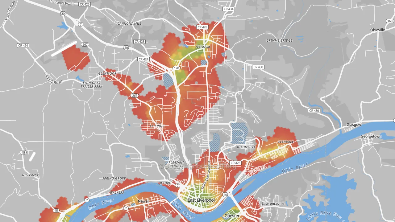 Walk Grade map of 43920, OH, walkable areas in green and car-dependent areas in red