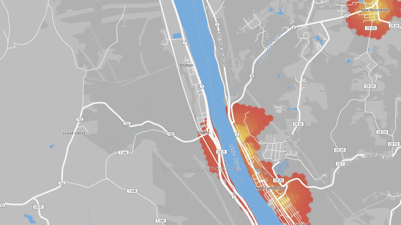 Walk Grade map of 43926, OH, walkable areas in green and car-dependent areas in red