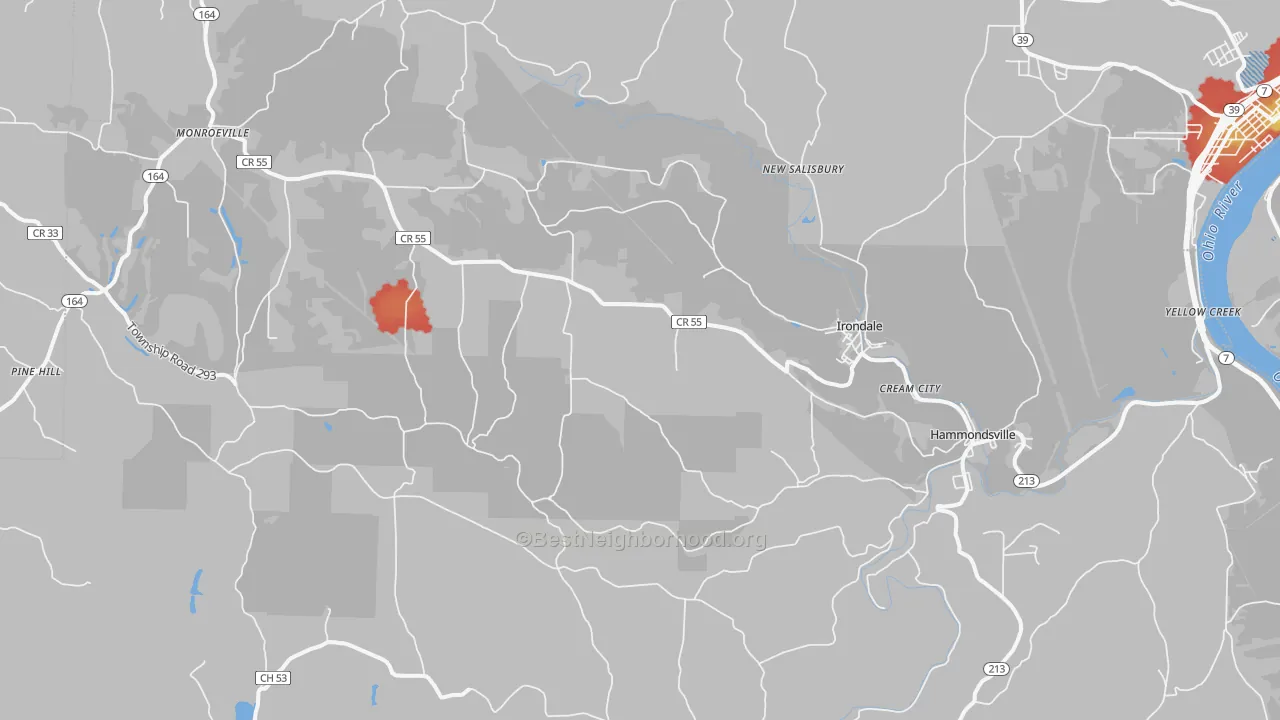 Walk Grade map of 43930, OH, walkable areas in green and car-dependent areas in red