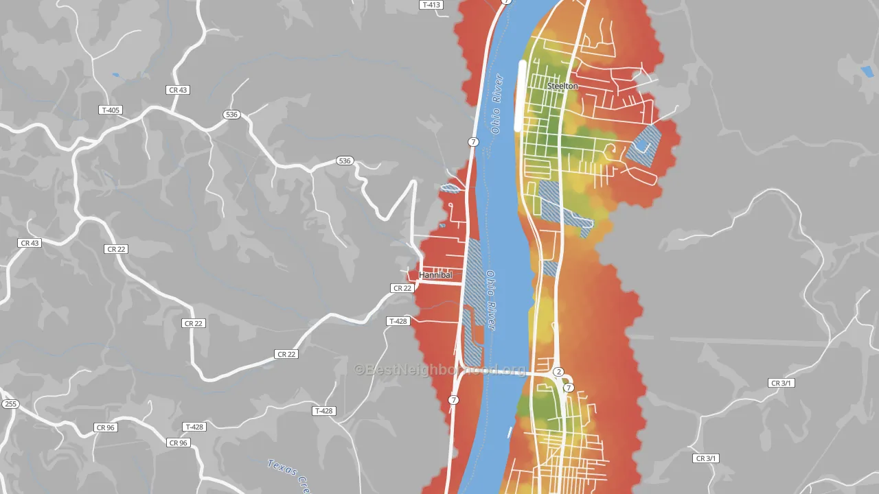 Walk Grade map of 43931, OH, walkable areas in green and car-dependent areas in red