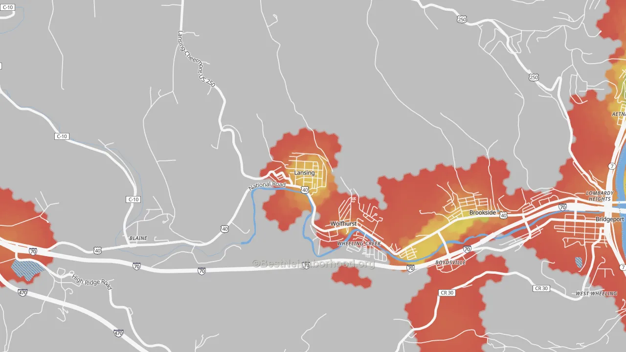 Walk Grade map of 43934, OH, walkable areas in green and car-dependent areas in red