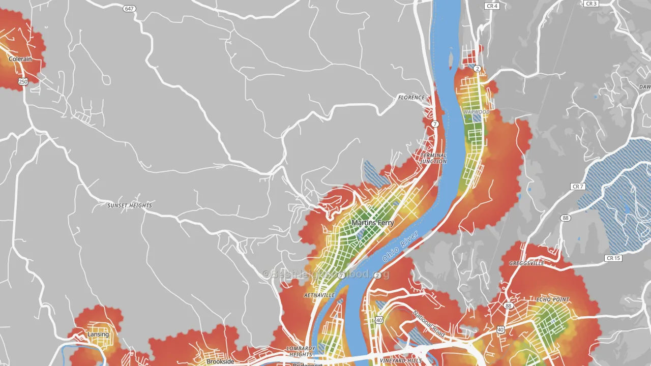 Walk Grade map of 43935, OH, walkable areas in green and car-dependent areas in red