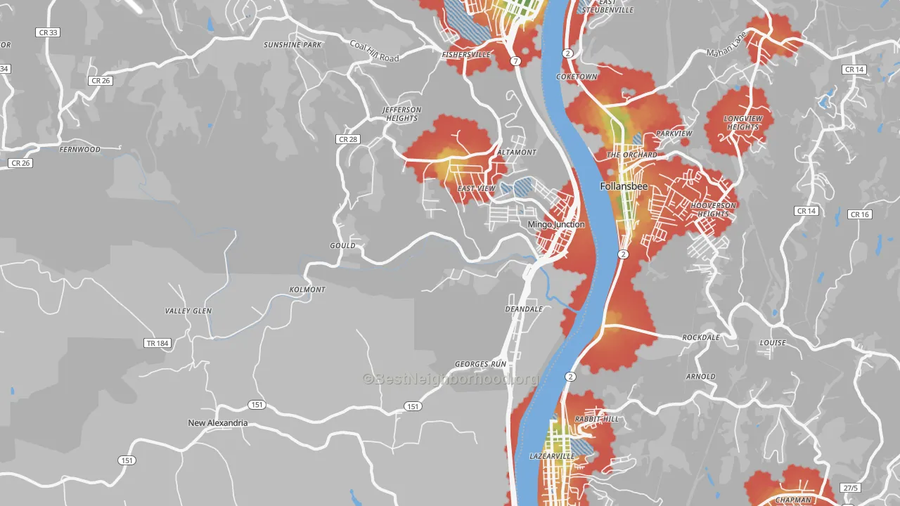 Walk Grade map of 43938, OH, walkable areas in green and car-dependent areas in red