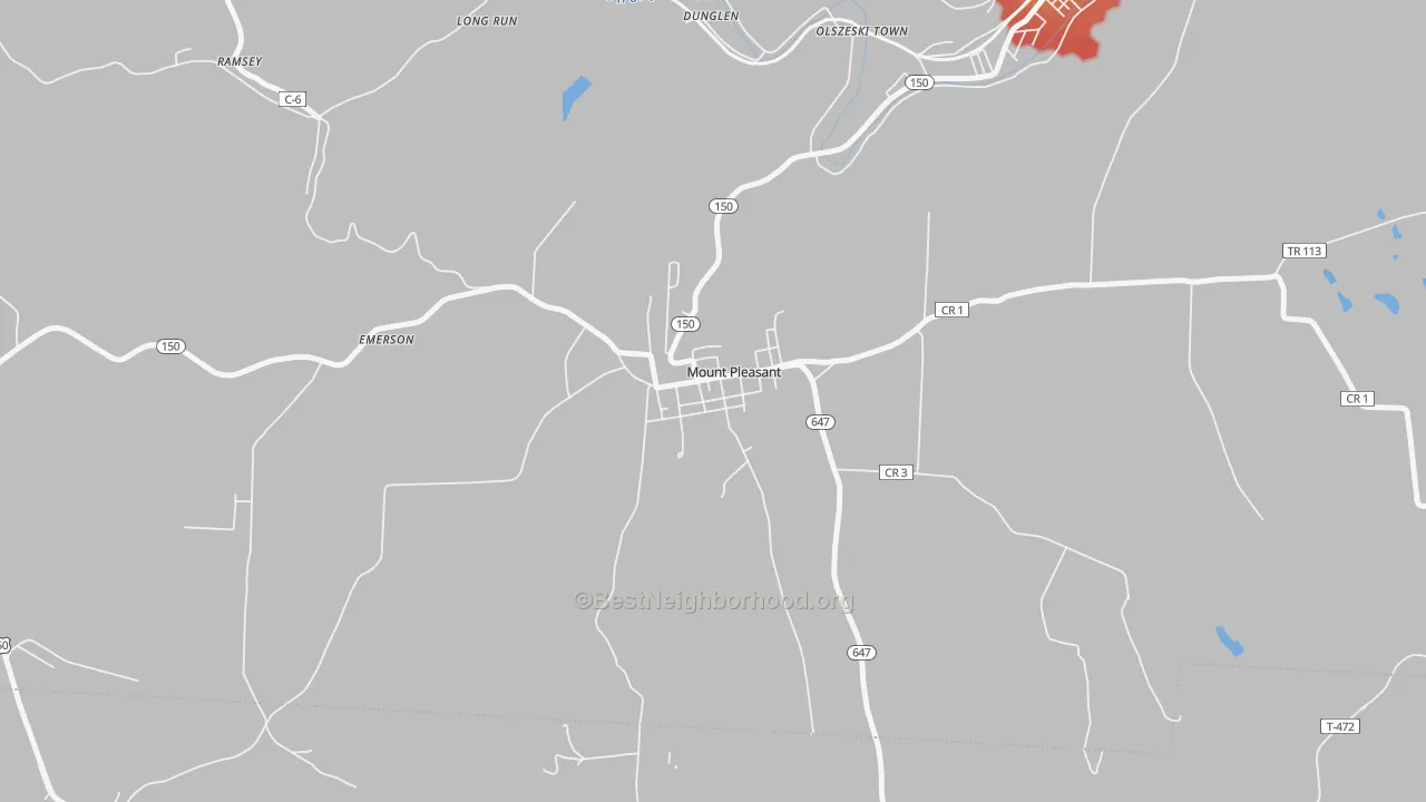Walk Grade map of 43939, OH, walkable areas in green and car-dependent areas in red