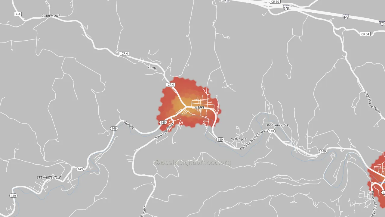 Walk Grade map of 43940, OH, walkable areas in green and car-dependent areas in red