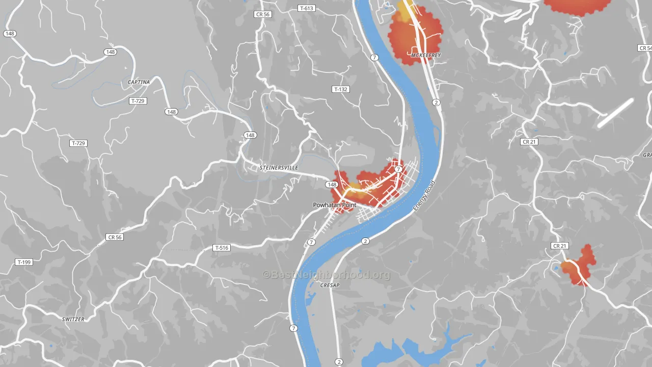 Walk Grade map of 43942, OH, walkable areas in green and car-dependent areas in red