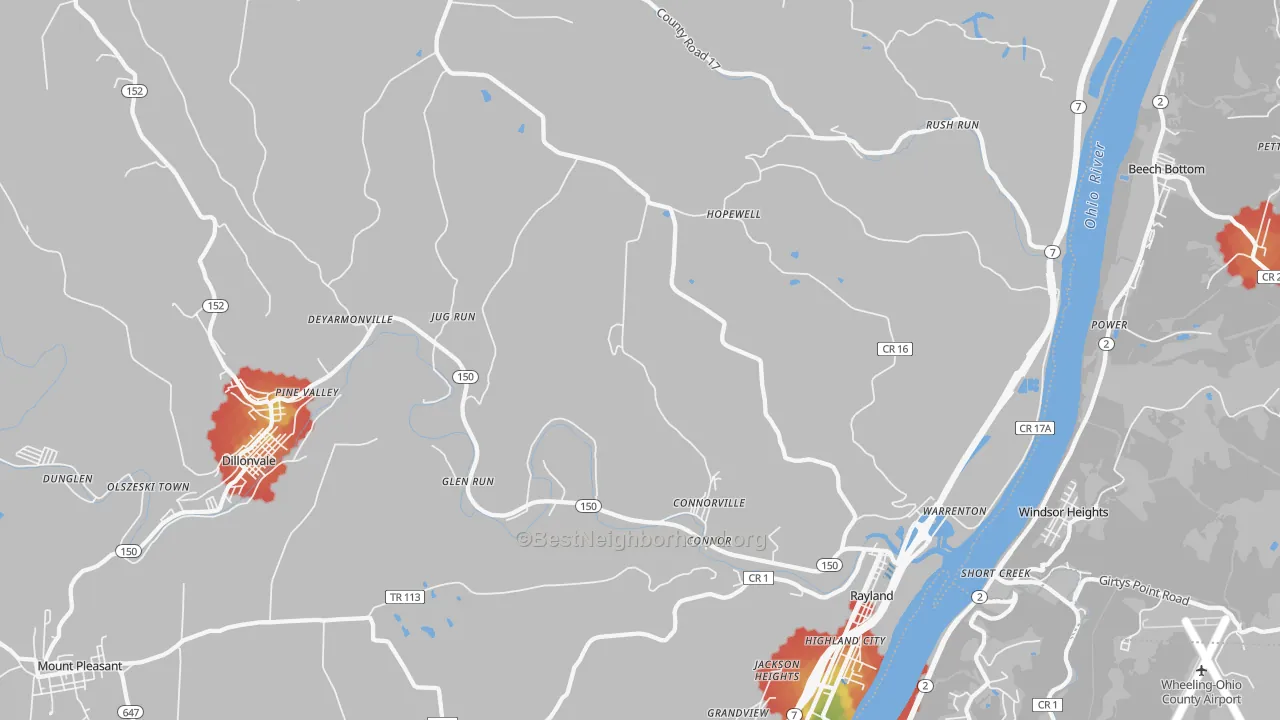 Walk Grade map of 43943, OH, walkable areas in green and car-dependent areas in red