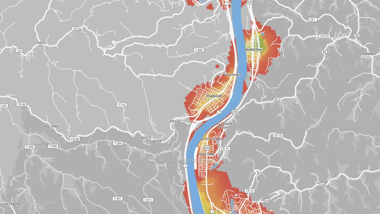 Walk Grade map of 43947, OH, walkable areas in green and car-dependent areas in red