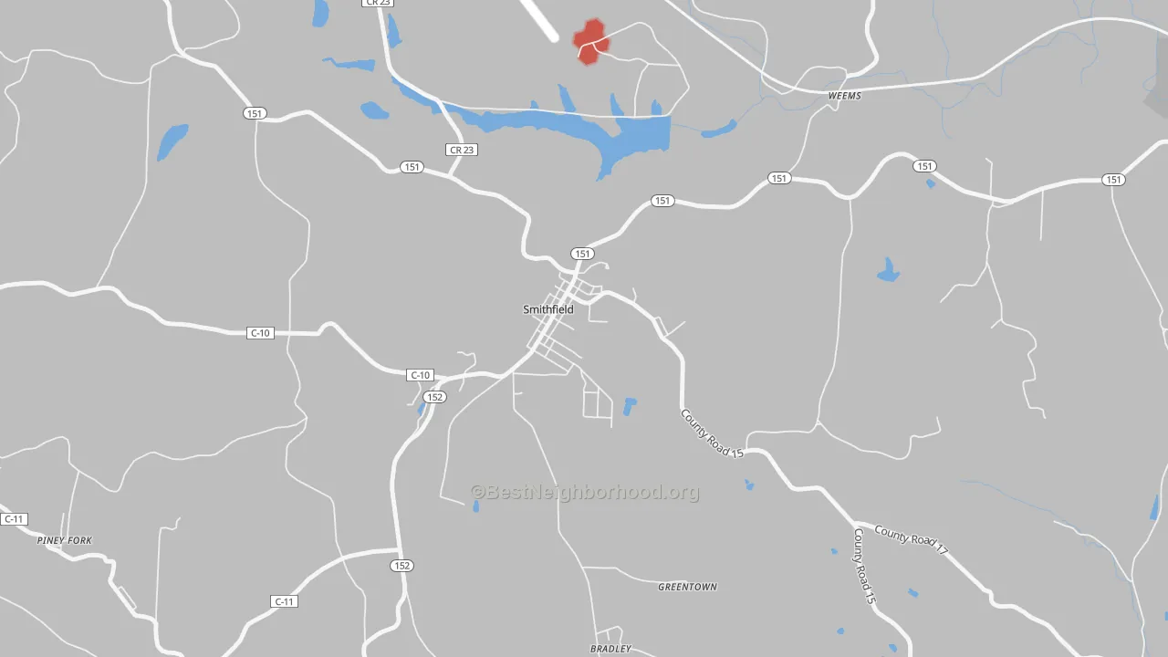 Walk Grade map of 43948, OH, walkable areas in green and car-dependent areas in red