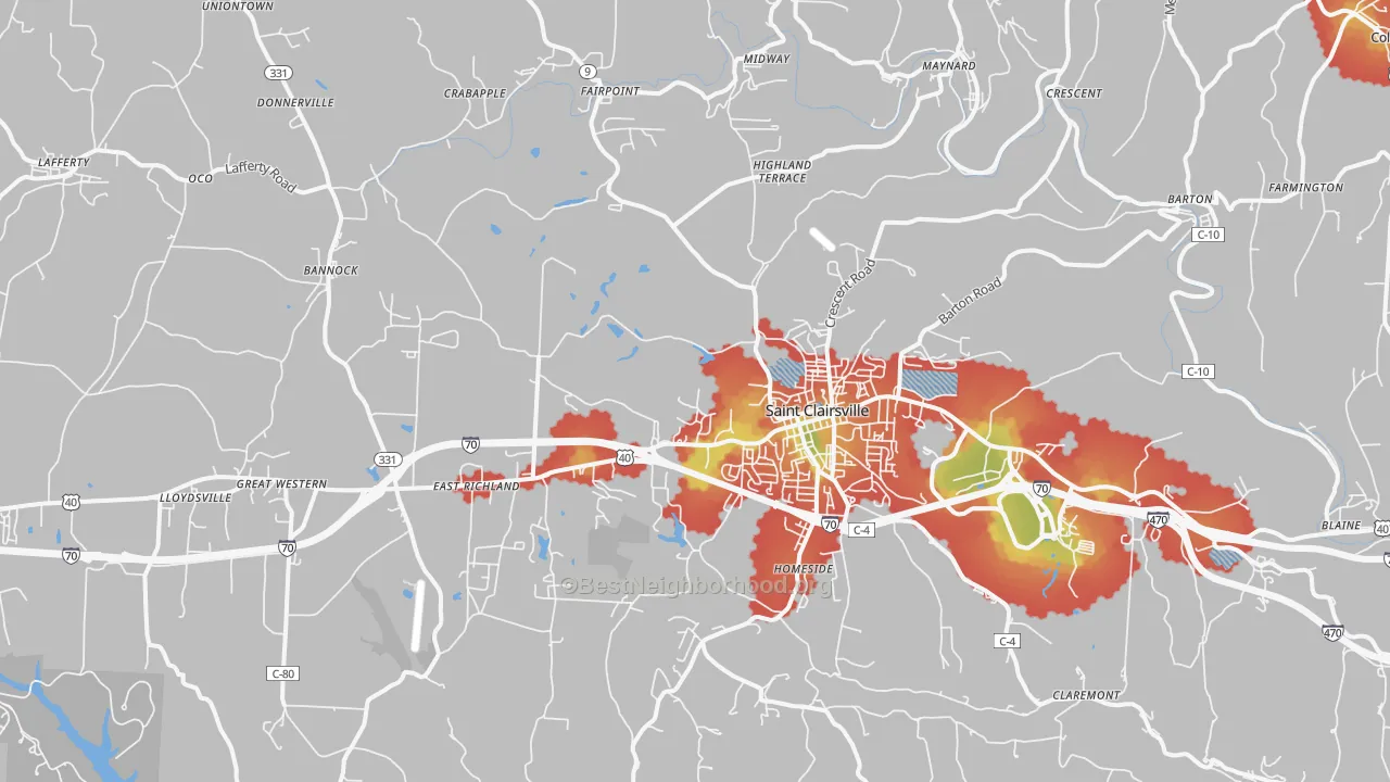 Walk Grade map of 43950, OH, walkable areas in green and car-dependent areas in red